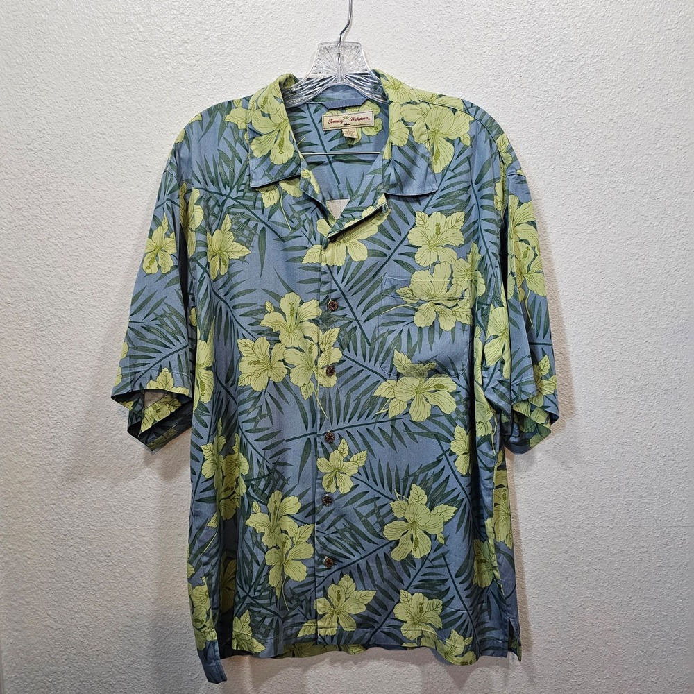 Tommy Bahama Blue Hawaiian Floral 100% Silk Polo Size Large